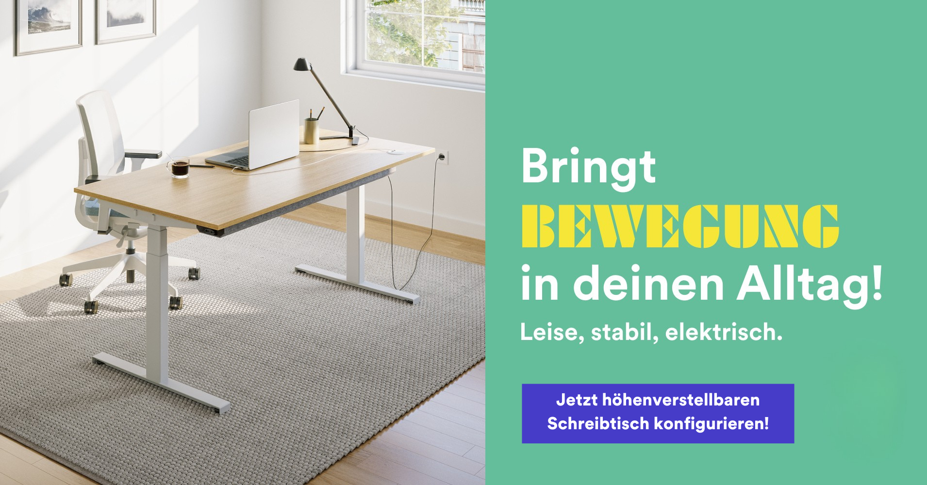 Elektrisch höhenverstellbarer Schreibtisch in modernem Homeoffice mit natürlichem Licht und ergonomischem Stuhl